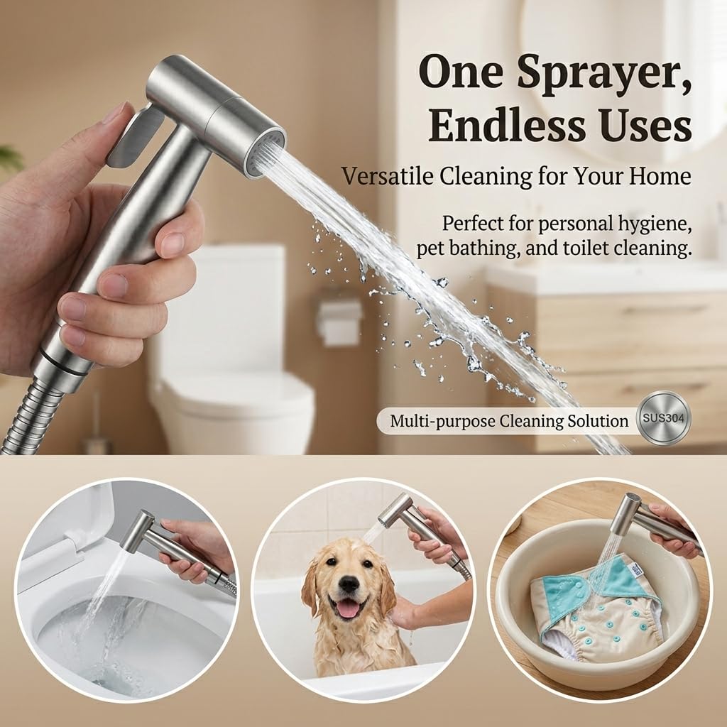 Grifo Bidet para WC Ducha Higiénica de Acero Inoxidable con Manguera 1.5m, para Higiene Personal y Limpieza de Mascotas Incluye Adaptador G1/2 (Acero)