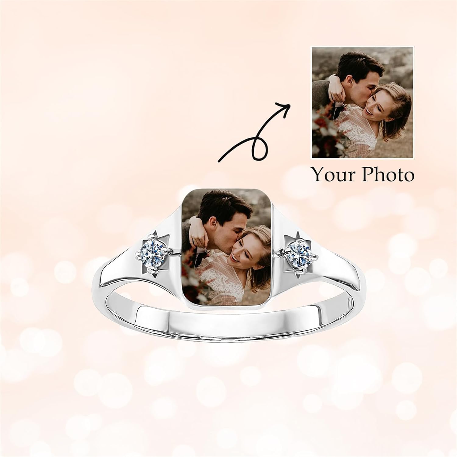 LucySky Custom Photo Ring 925 Sterling Silver Personalized Birthstone Rings for Women Customized Promise Rings Memorial Gifts for Lover, Grandma, Wife, Girlfriend