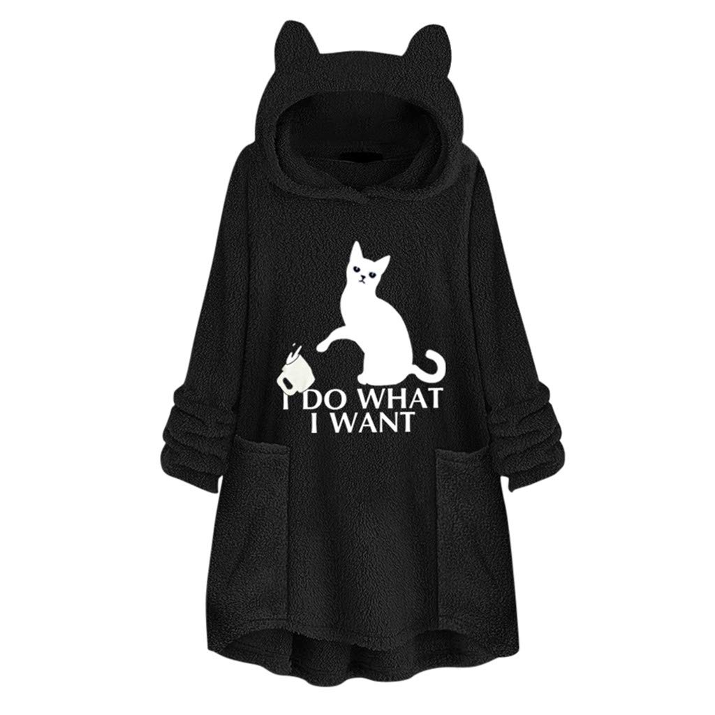 DIOMOR Womens Casual Pure Color Cat Ear Fleece Hoooded Tunic Button Down Plus Size Cute Cat Hoodie Warm Coat Outerwear