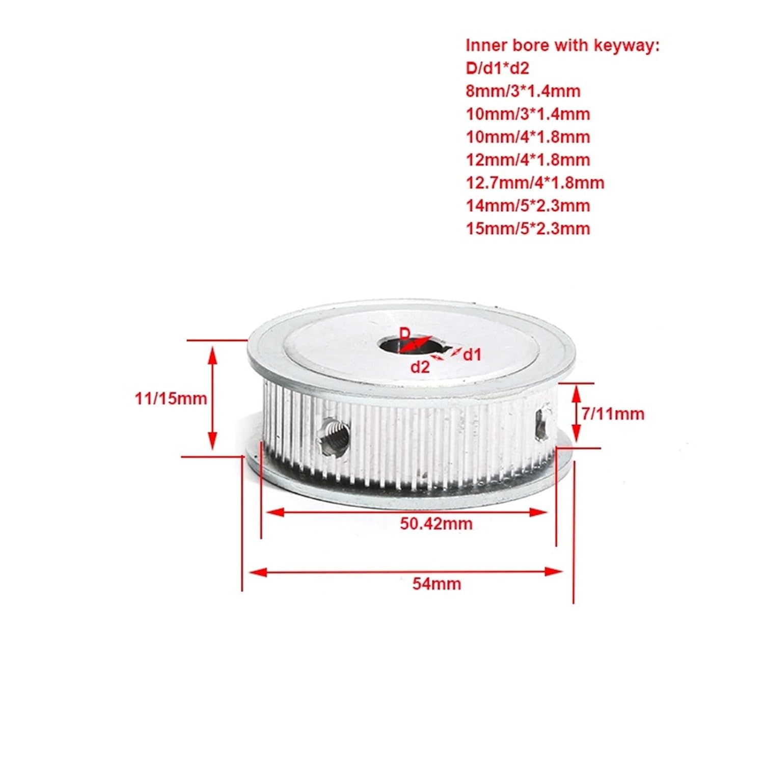 Pulley S2M-80T with Keyway 7mm/11mm Belt Width S2M 80Teeth Belt Pulley Aluminum Alloy Toothed Gear Pulley(Bore 14mm Key 5x2.3,7mm)