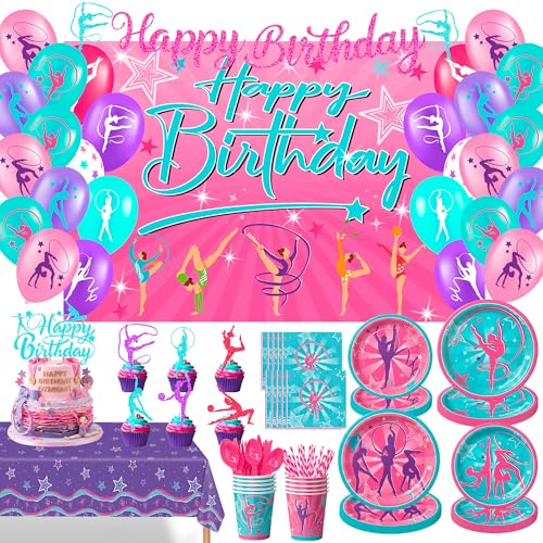 192 PCS Gymnastics Birthday Party Decorations Serves 20 Guests Gymnastics Party Supplies with Bannner Cake Topper Balloon Plates and Napkins Cups Tablecloth For Gymnastics Party Decorations
