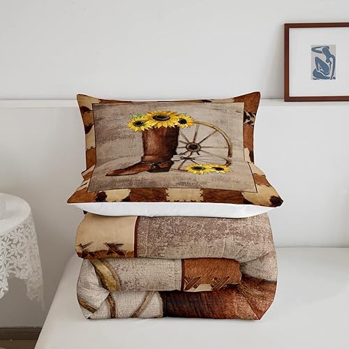 Miniatura 5 de Erosebridal Juego de edredón de vaquero, tamaño King, juego de ropa de cama retro con botas vaqueras, girasol, granja, piel de vaca, edredón de