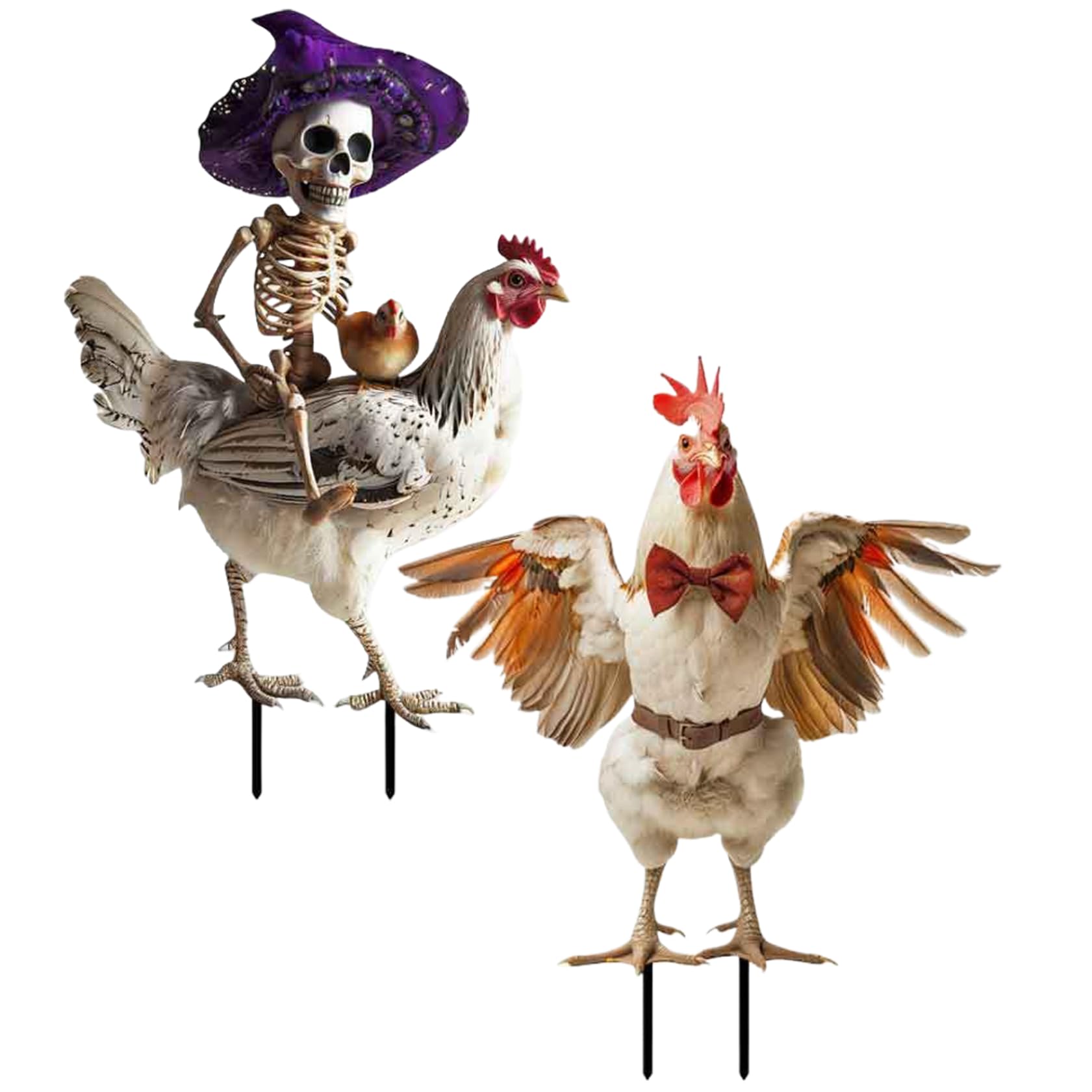 Squelette de poulet de jardin Halloween métal 2D | Piquet décoratif extérieur lot de 2