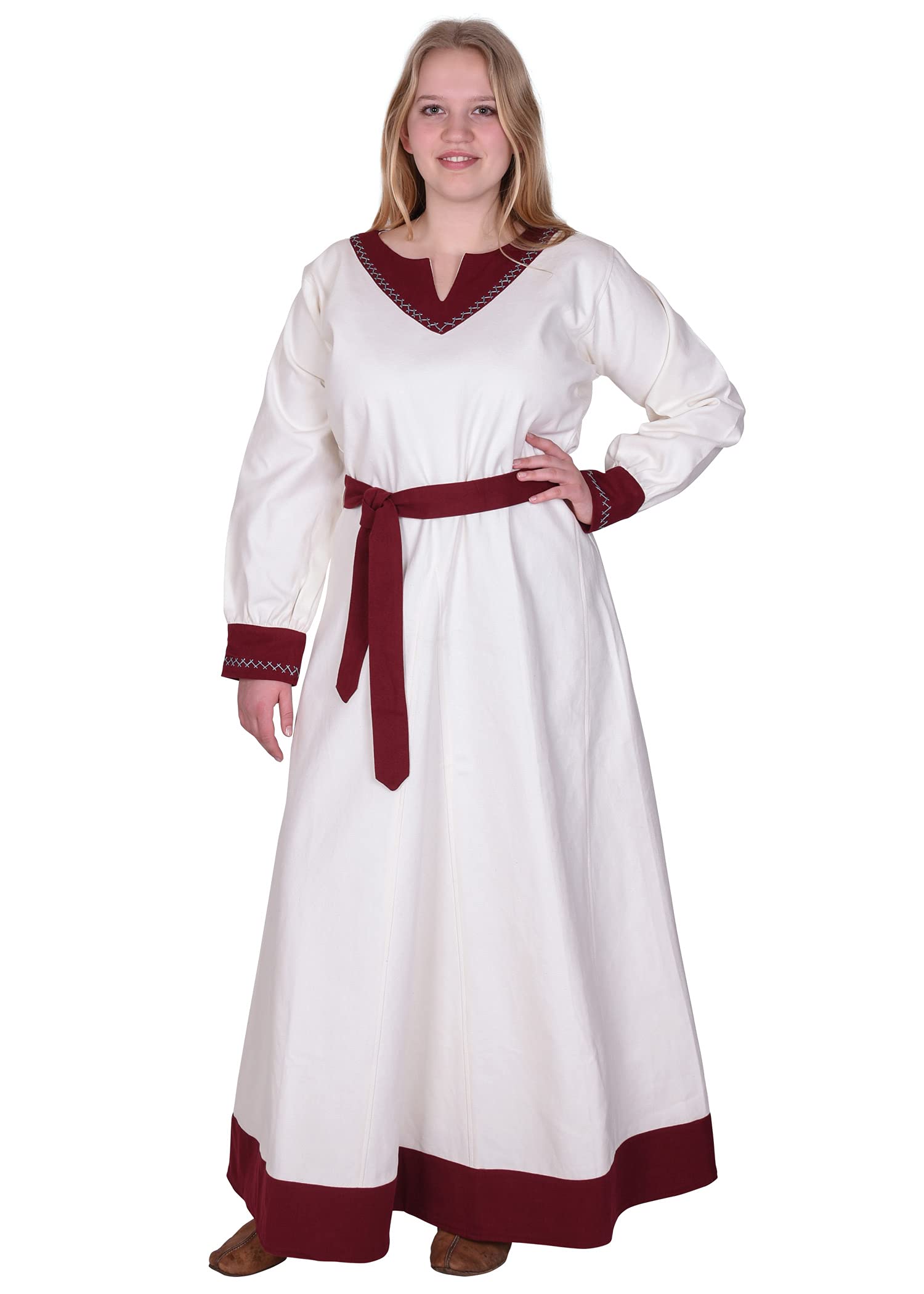 Battle-Merchant Jona - Ladies Medieval Dress with Belt - LARP Viking Clothing - Natural/Burgundy - Medium
