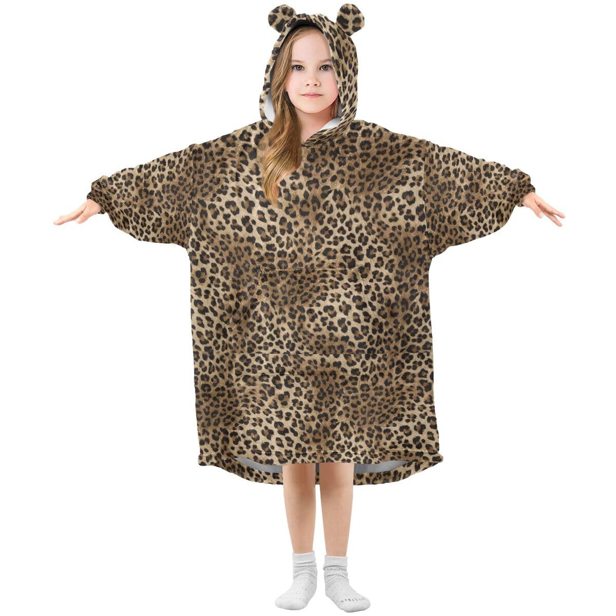 Leopard Skin Dziecięcy koc do noszenia z kapturem, oversize, bluza z kapturem, sweter, skóra zwierzęca, dla chłopców i dziewcząt w wieku 3-14 lat