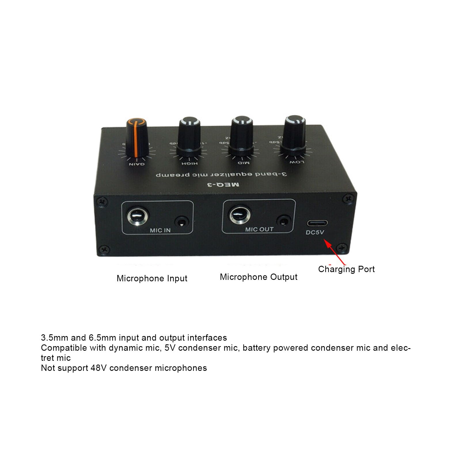 banapoy Préampli Microphone Amplificateur Gain Micro, Préampli Micro égaliseur 3 Bandes, Préamplificateur Condensateur Gain Réglable 0-20 DB, pour Dynamique Condensateur