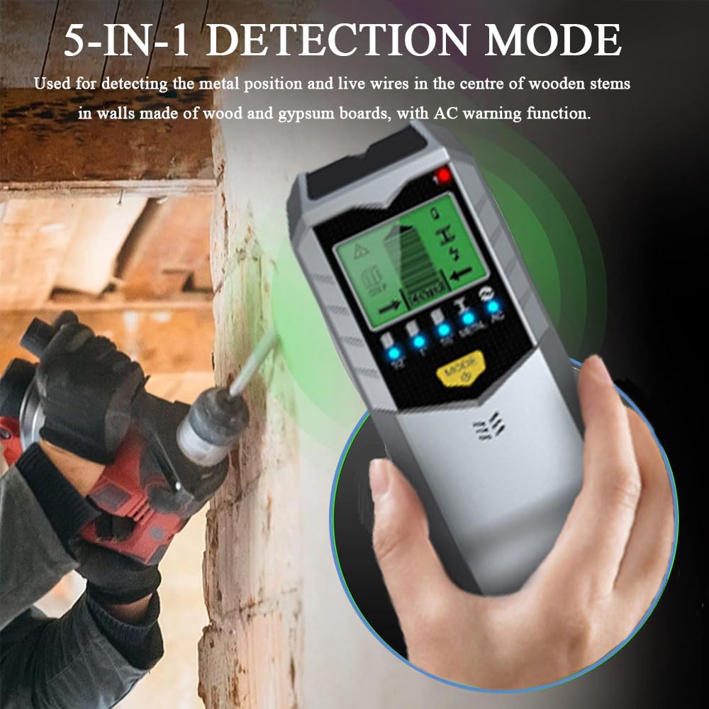 5 en 1 Detector Pared Escáner Pared Metales Detector Pared Madera Detector Pared Tuberias Detector Pared Líneas Eléctricas Detector Pared Espárrago Escáner Pared con Alarma Sonido (Plata)