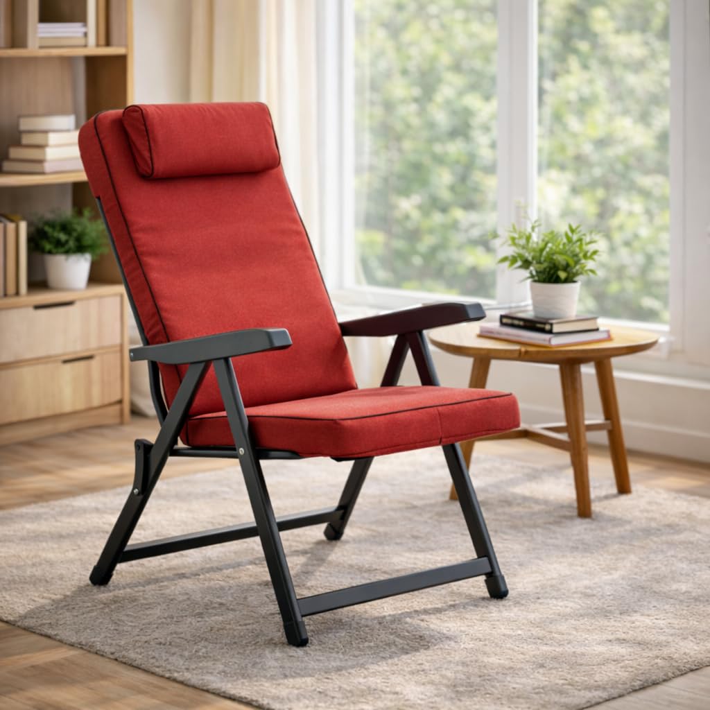 MA MAISON Sedia Reclinabile Imbottita 122x60x61 cm - con Poggiatesta, 6 Posizioni, Braccioli Ergonomici, Struttura in Acciaio, per Interno, Esterno - Made in Italy ROSSO