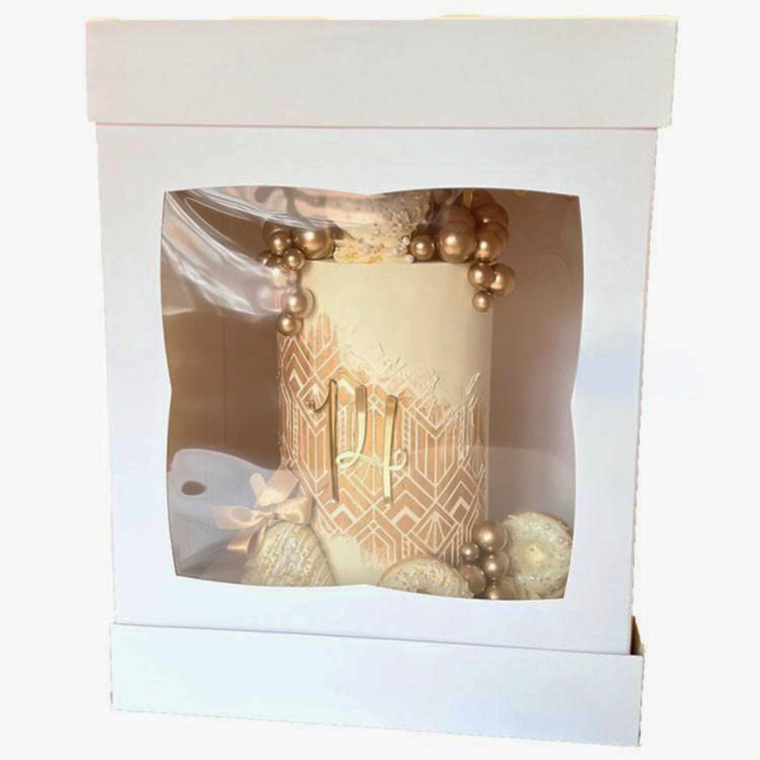LARRYROO Premium Tall White Display Window Luxury Cake Box | 14 Inches Tall | Extra Deep 3 Piece Boxes (1, White, 10 Inch)