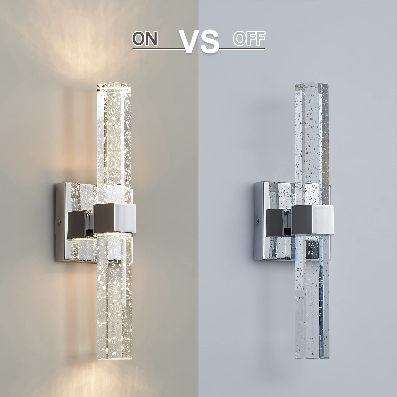 Juego de 2 apliques de pared, apliques de cristal, iluminación de pared LED regulable de 14 W, lámparas de tocador de baño, luces de pared de burbujas cromadas para baño, pasillo, dormitorio, 5