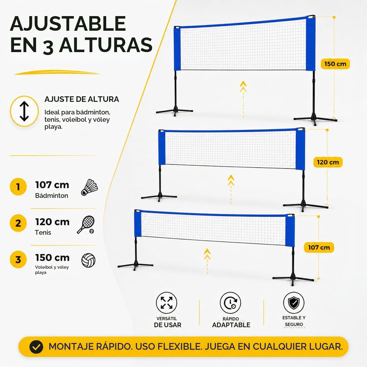 Red de bádminton plegable de 3,1 m, con soporte ajustable en altura de 107/105/150 cm y bolsa de transporte, red deportiva para voleibol, tenis, voleibol o playa, red de nailon, fácil de montar y