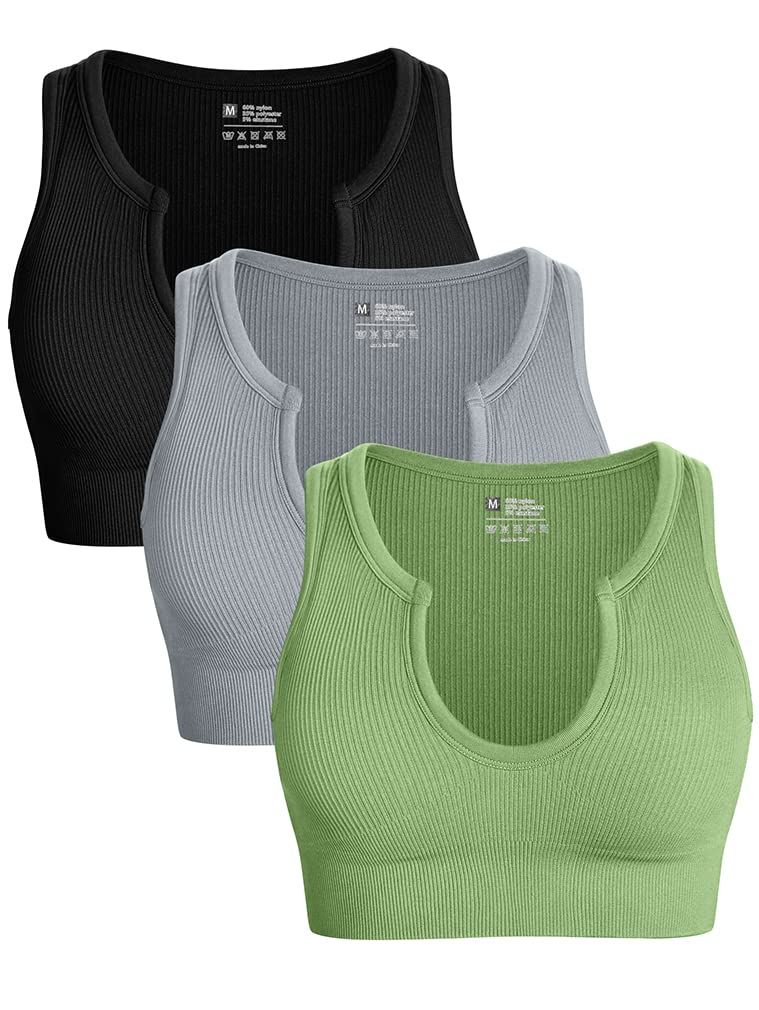 size S. OQQ Women's 3 Piece Medium Support Crop Top Seamless Ribbed Removable Cups Workout Yoga Sport Bra