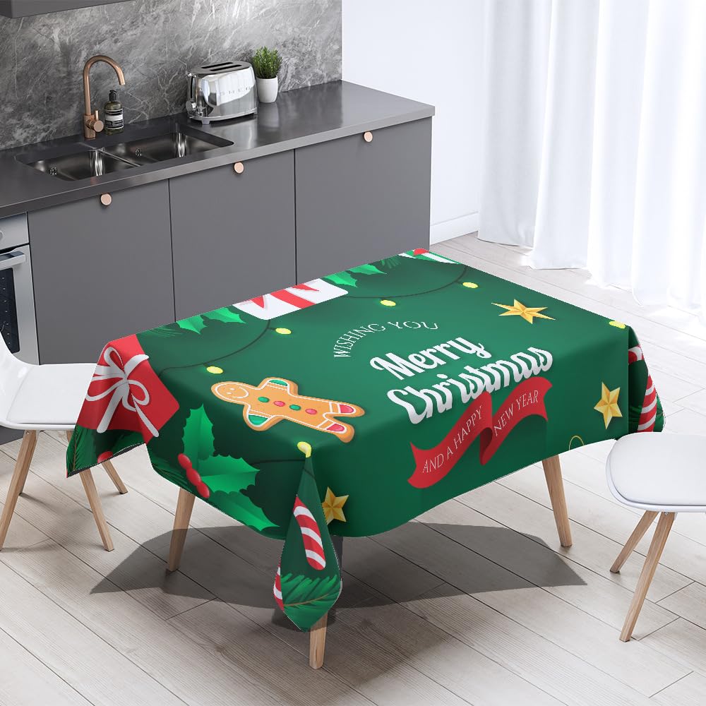 Mantel Antimanchas Estampado Navideño Verde Mantel Mesa Rectangular Poliéster Manteles de Mesa Impermeable Lavable Manteles Antimanchas para Casa Comedor Cocina Fiesta(140x200cm)