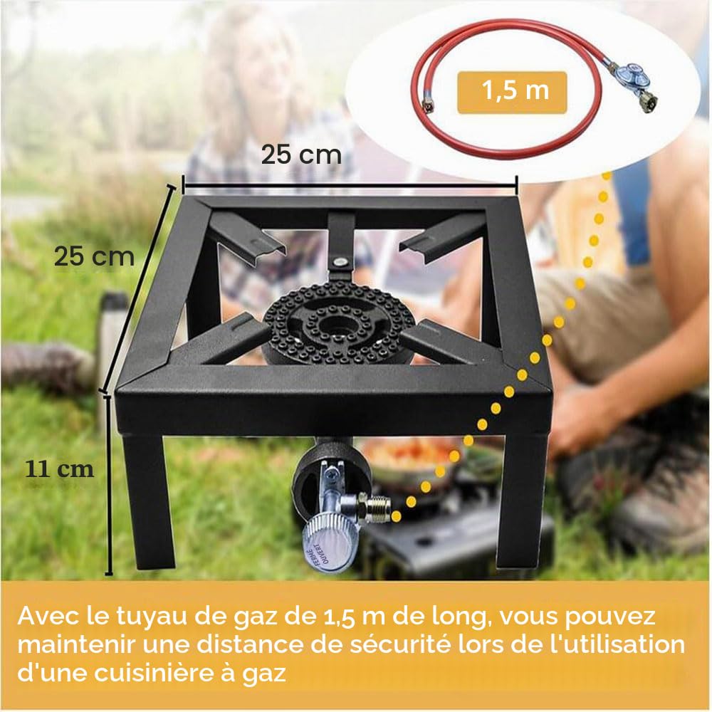Réchaud à gaz 8 kW - Réchaud industriel avec tuyau de gaz propane de 1,5 m et réducteur de pression de propane de 50 mbar - Pour le camping, l'extérieur, uniquement pour une utilisation en