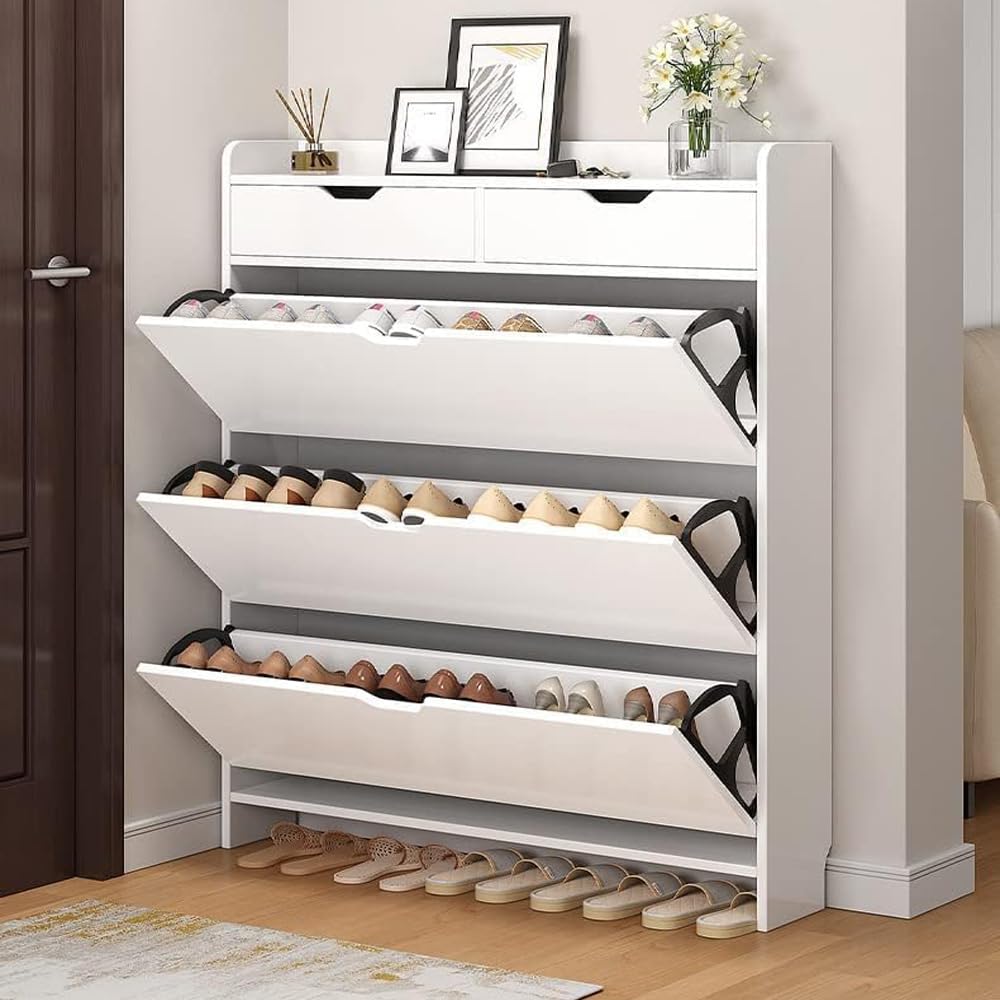 LEDIN Shoe Storage Cabinet with 3 Flip Drawers & 2 Drawers, Freestanding Organizer for Entryway, Narrow Shoe Rack Cabinet(White)