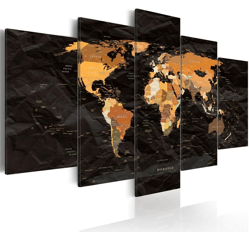 Tableau carte du monde abstrait en 5 panneaux pour salon