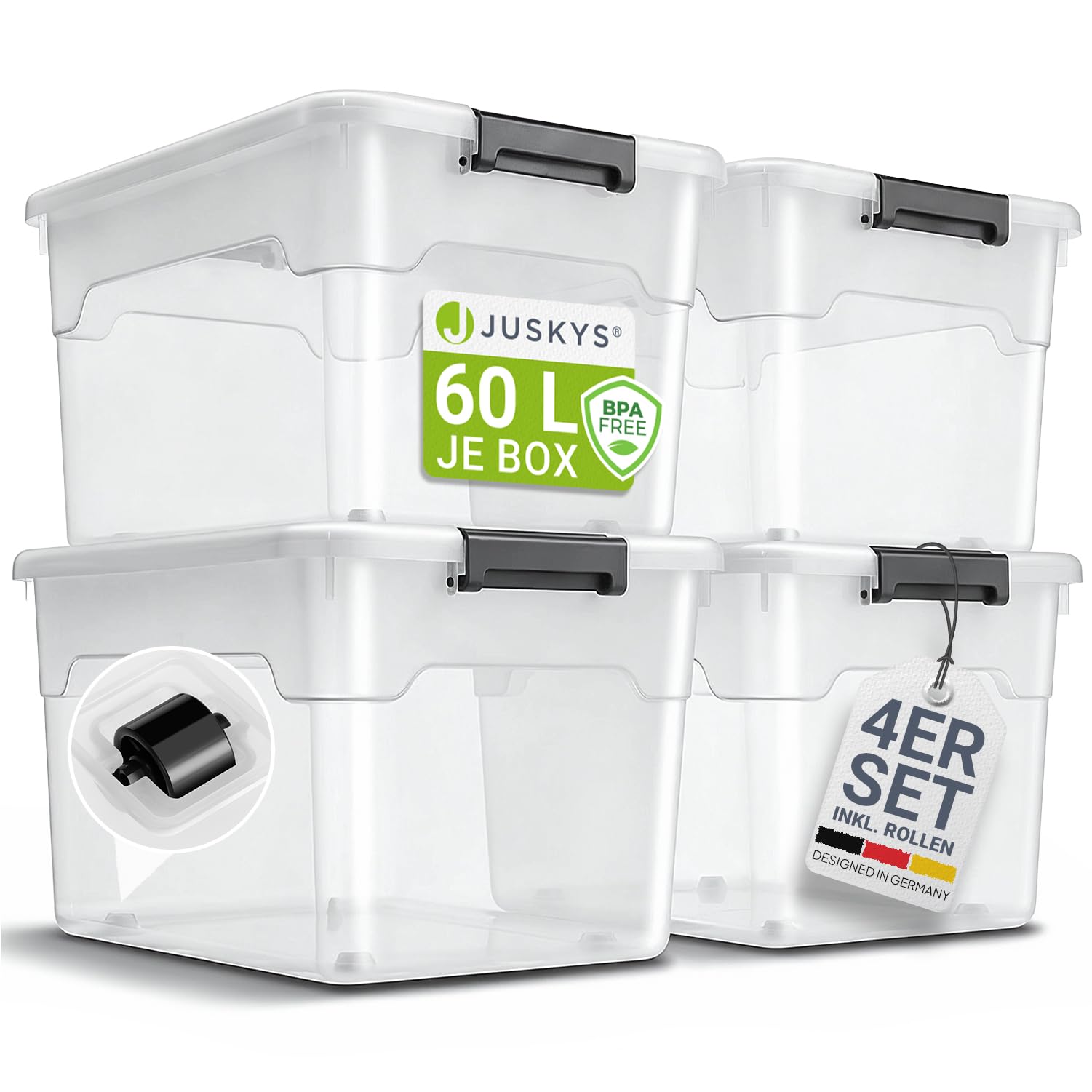 Juskys Aufbewahrungsbox mit Deckel - 4er Set Kunststoff Boxen 60l - Box groß, stapelbar, transparent