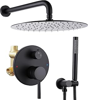 SMALIIBUSS Complete Shower Faucet Set, 10 Inches Bathroom Luxuly Rainfall Shower Head System with Shower Wand, Contain Rough-in Valve Body and Trim, Matte Black RCS81005MB