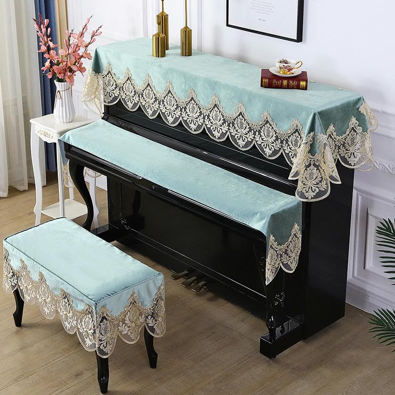 Klavier-Staubschutz, Klaviertastatur-Abdeckung, for 150 cm Standard-Klavier, blau, Spitze, Samt, Rüschen, Staubschutz for aufrecht stehende Klaviere mit Hocker-Abdeckung, halb aufrechte Klavier-Abdeck