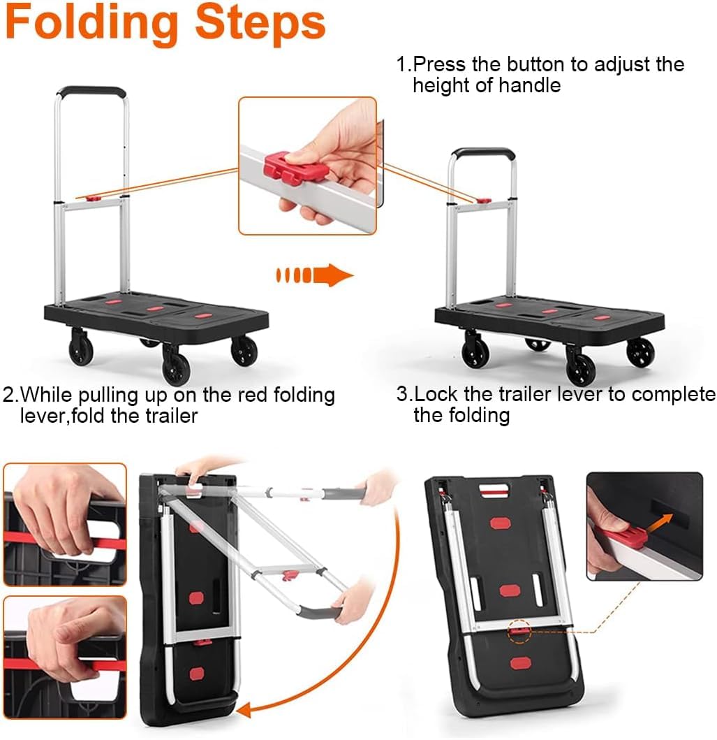 Pejevir Foldable Platform Cart, Transport Cart Max.150KG, 5 Wheel Foldable Cart and 2 Elastic Cords, for Heavy and Bulky Loads with Telescopic Handles