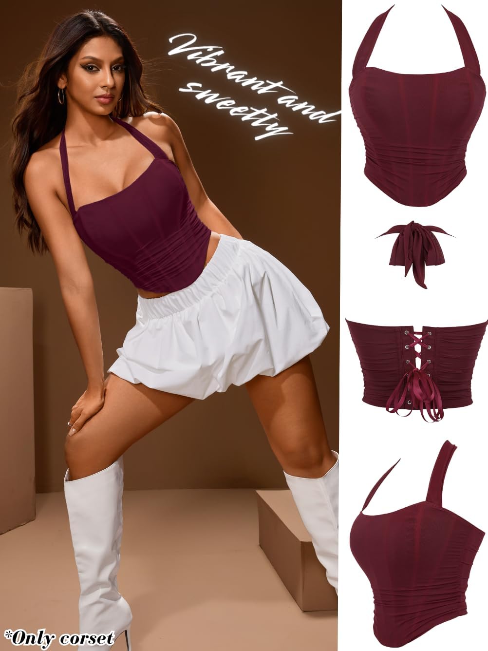 Women's Halter Mesh Corset Crop Top, Ruched Asymmetrical Hem, Boned Lace-Up Bustier for Going Out Fit Sizes 00-14 - Image 7