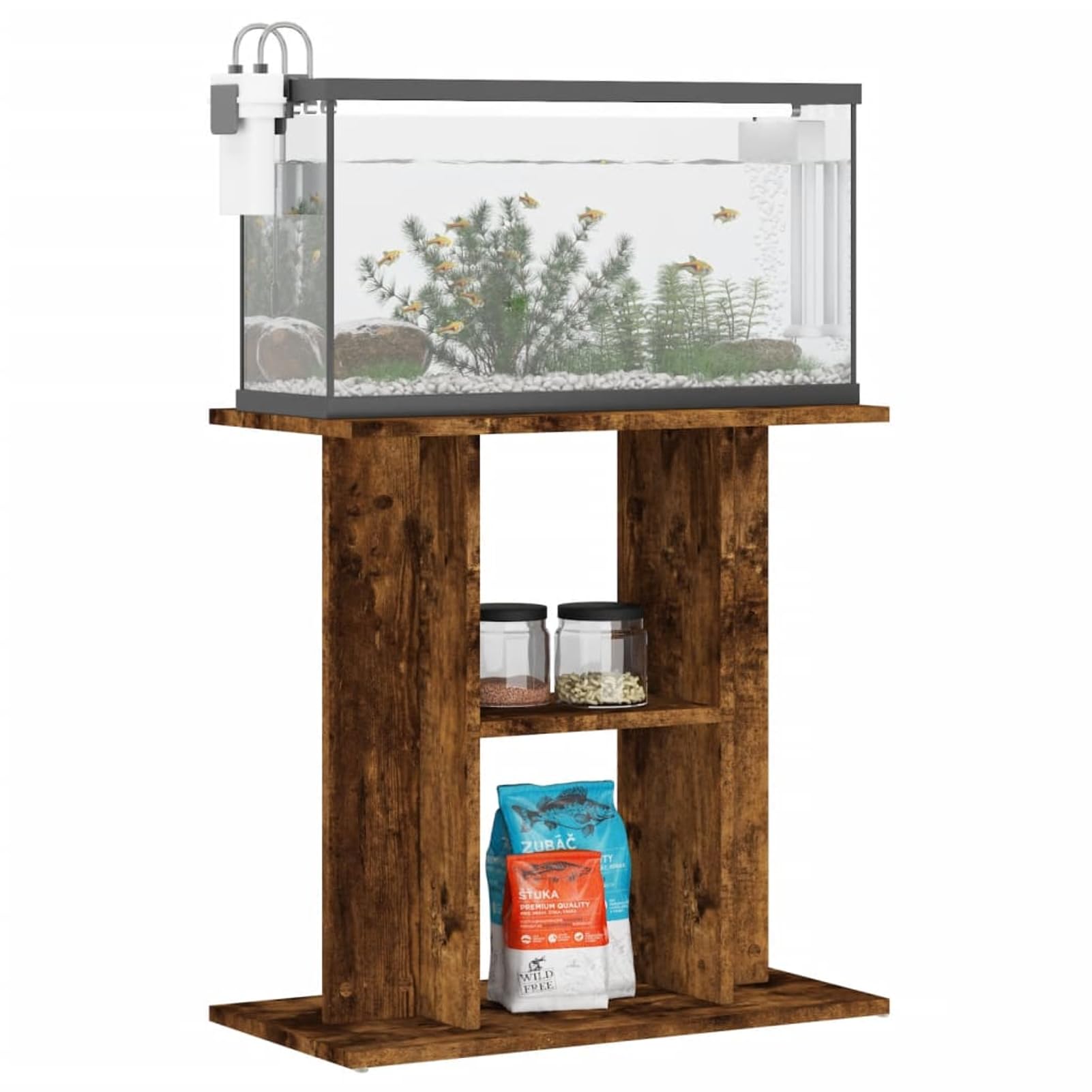 Homgoday Soporte para Acuarios Roble Ahumado - Estable y con 3 Niveles de Almacenamiento, Diseño Elegante y Resistente a la Humedad
