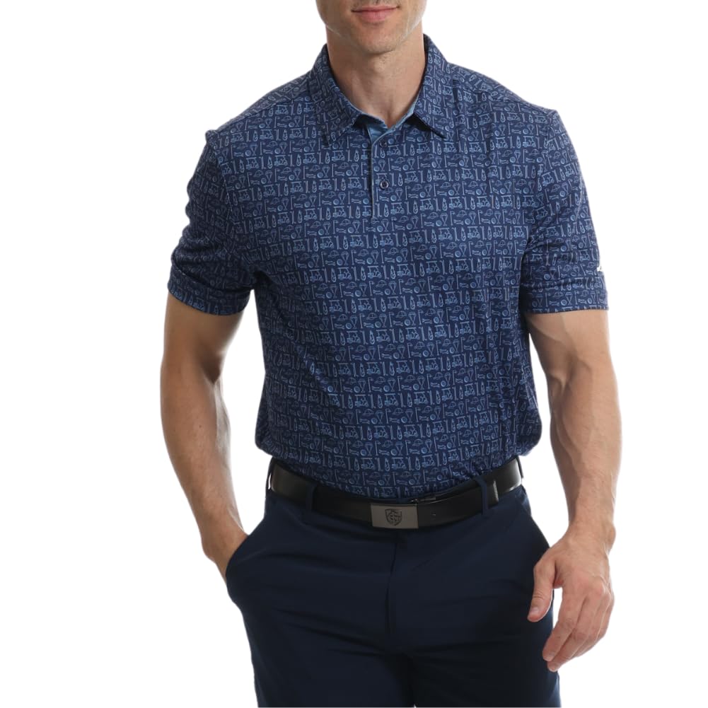 Under Par Men's Golf Polo Breathable Moisture Wicking Quick Dry Stretch Short Sleeve All Over Print Golf Polo Shirt, 2385 - Navy, XXL