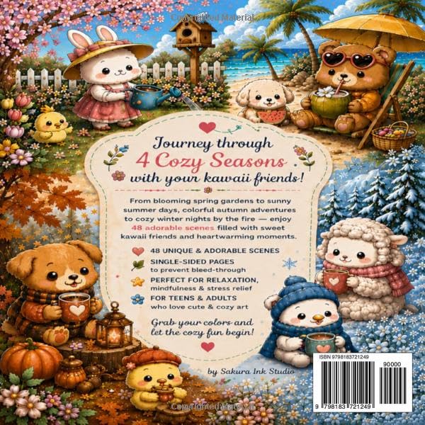Cozy Seasons with Kawaii Friends: A Coloring Book for Teens & Adults | 48 Adorable Scenes Through Spring, Summer, Autumn & Winter image 3