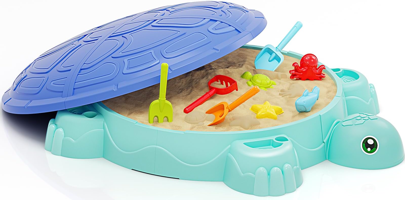 Sandbox with Lid, Kids Turtle Sand Box with Sand Molds and Shovels Set for Sensory Play, Toddler Outdoor Indoor Toys for Boys Girls Ages 3+