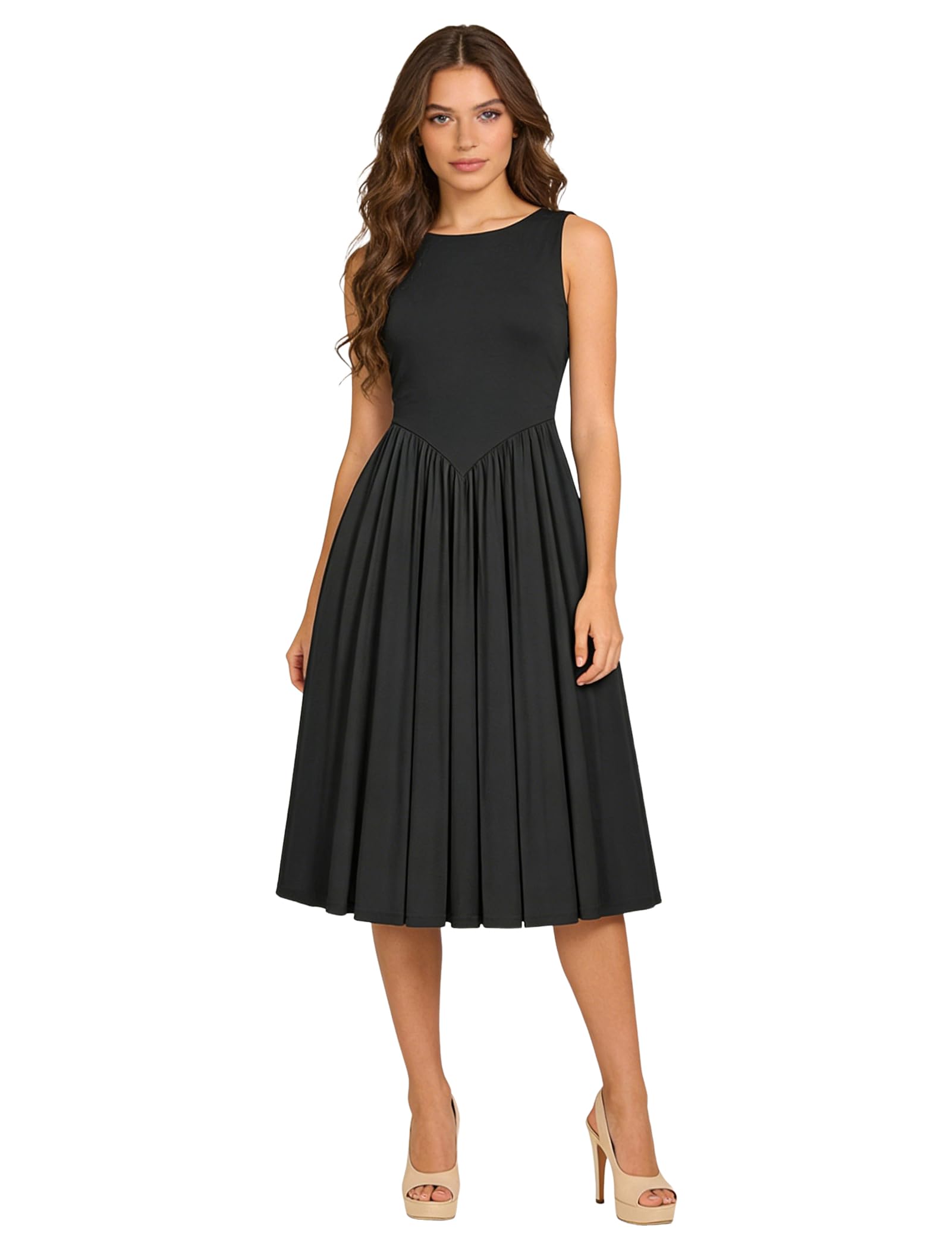 OMEWEE Vestidos de verano para mujer, cuello redondo, sin mangas, vestido midi elegante, casual, para el trabajo, fiesta, playa, salir, plisado, acampanado, vestidos largos para uso diario, vacaciones