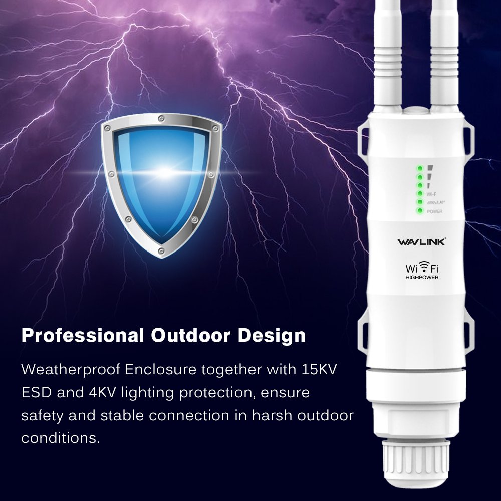 WAVLINK Repetidor WiFi Largo Alcance WiFi Exterior Potente, Amplificador Señal WiFi Antena WiFi Extender Wavlink N300 2.4G, Outdoor PoE Punto de Acceso WiFi, para Grandes Espacios Remotos
