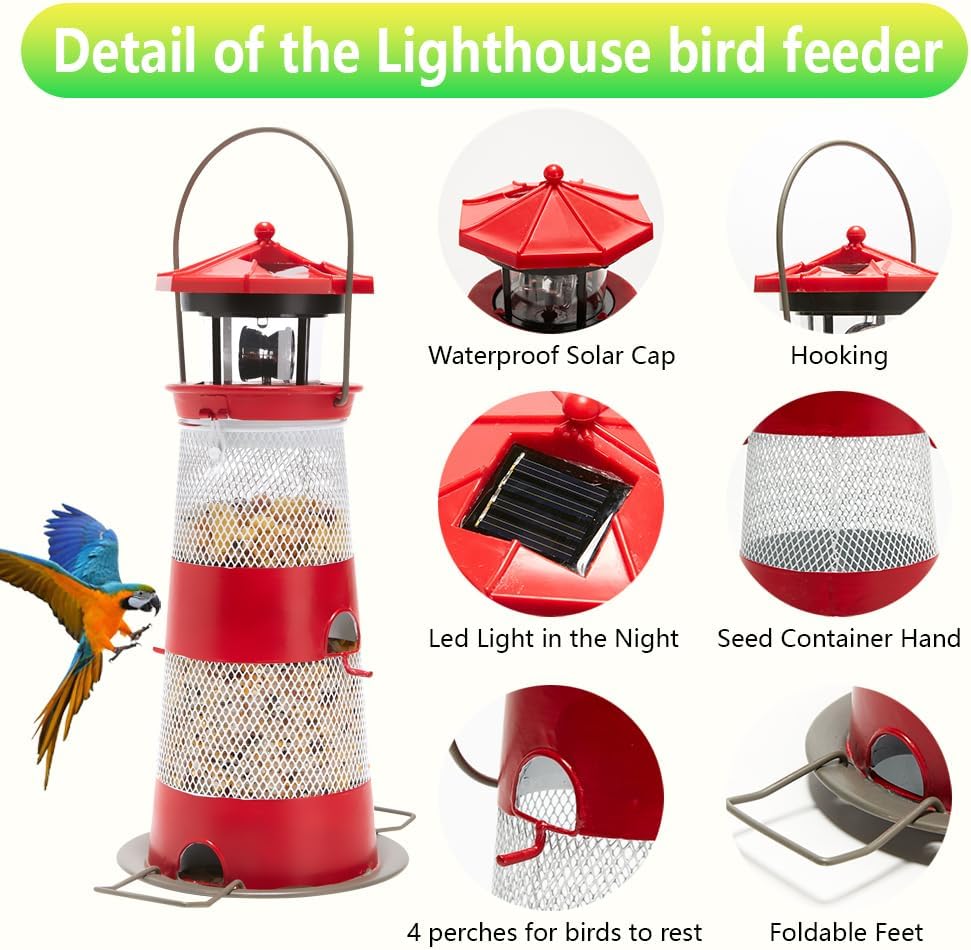 Solar Bird Feeder Lighthouse Hanging Outdoor Birdfeeder Garden Lantern Waterproof LED Lights Backyard Décor Patio Gifts for Bird Lovers (B-Lighthouse, Red)