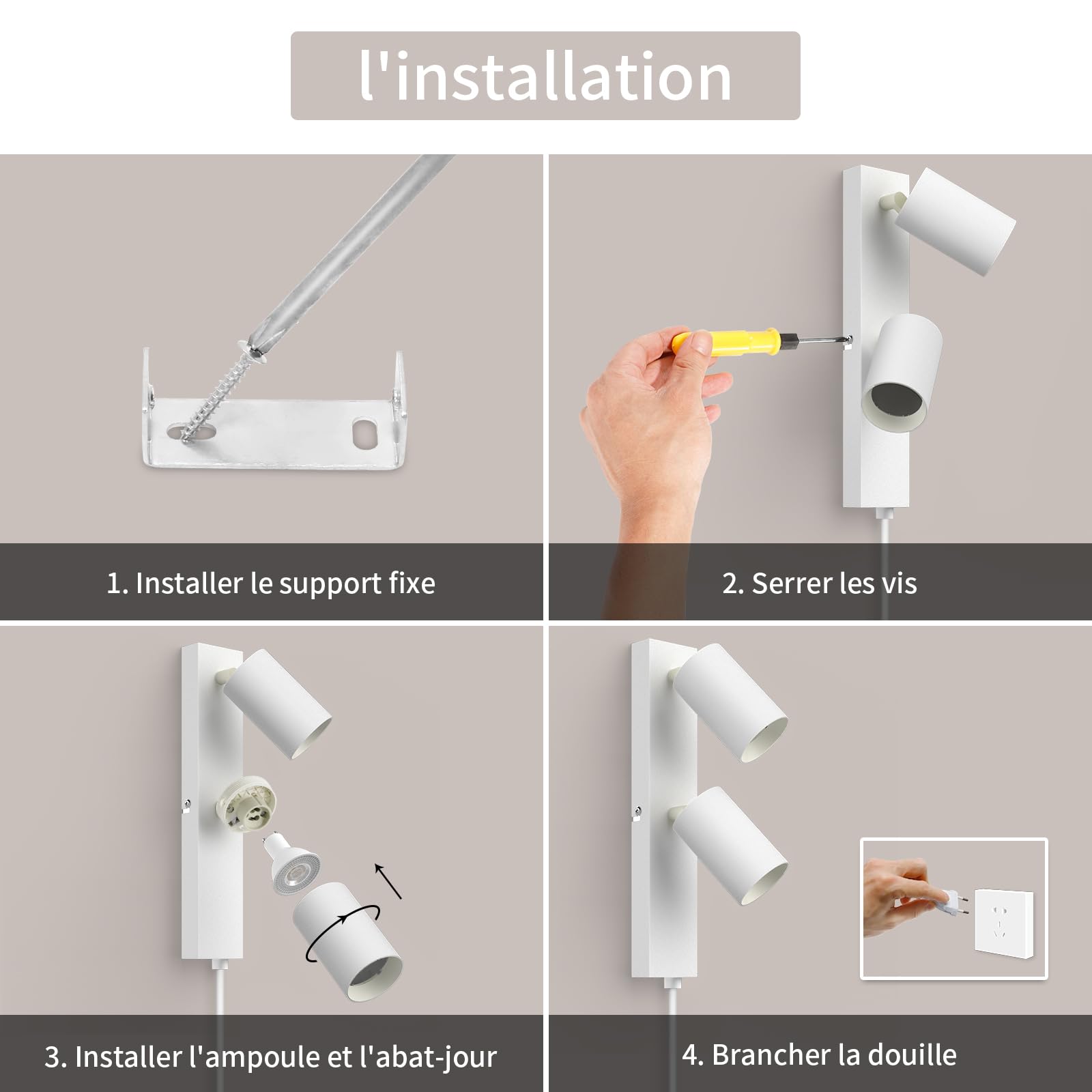 Applique Murale Intérieure avec Prise et Interrupteur 2 Spots Blanc GU10 Lampe de Chevet Murale Moderne Tourner 350°