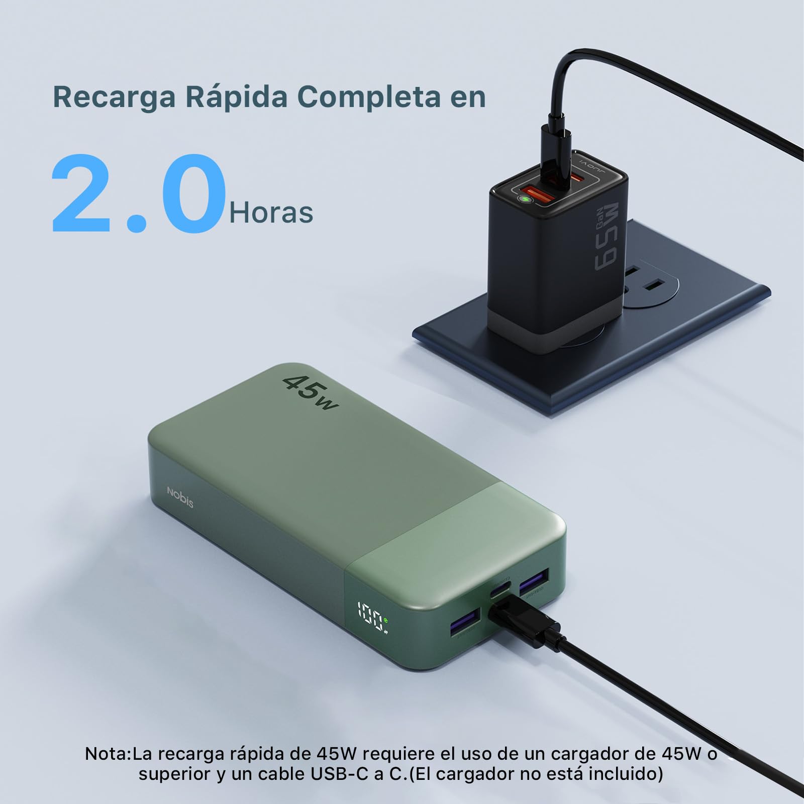 NOBIS Powerbank 20000mah,PD3.0 45W Batería Portátil Carga Rápida,QC4.0 Bateria Externa con Pantalla LED para MacBook, Phone 15 14 13 Pro S23 S22