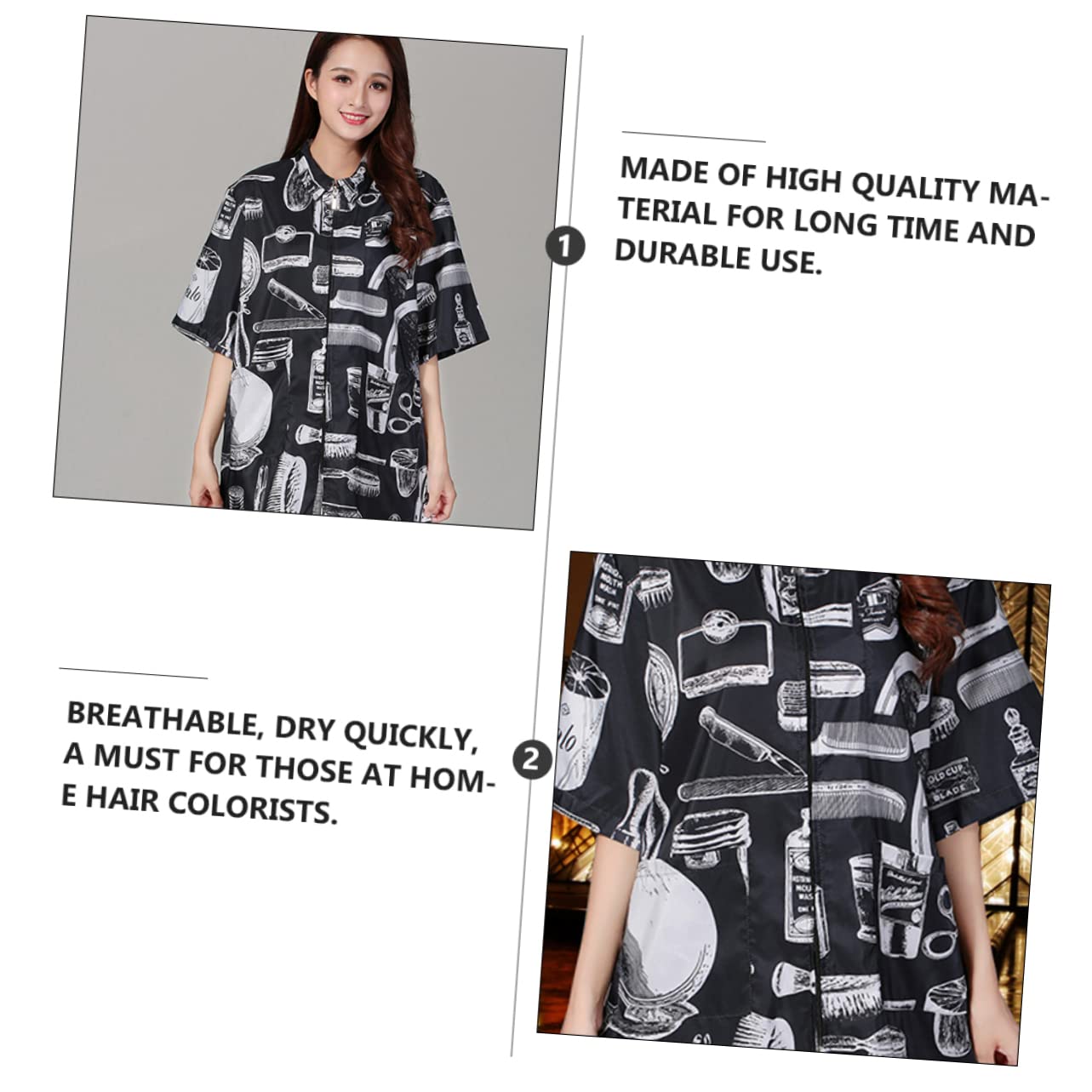 Beaupretty Delantal y Uniforme de Peluquería Bata de Peluquero Cierre Cremallera y Bolsillo, Manga Corta, Transpirable, Seca Rápido, para Trabajo Negro Xl