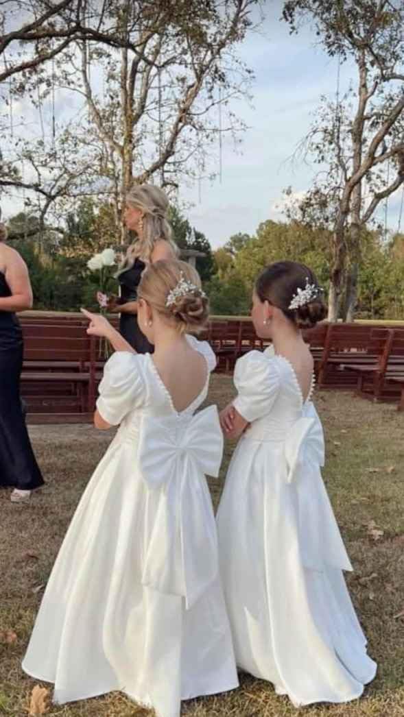 Vestido de niña de Flores de satén Blanco con Cuello Perlado, Espalda en V, Vestido Largo de comunión con Mangas Cortas abullonadas, Vestidos Formales de Boda.