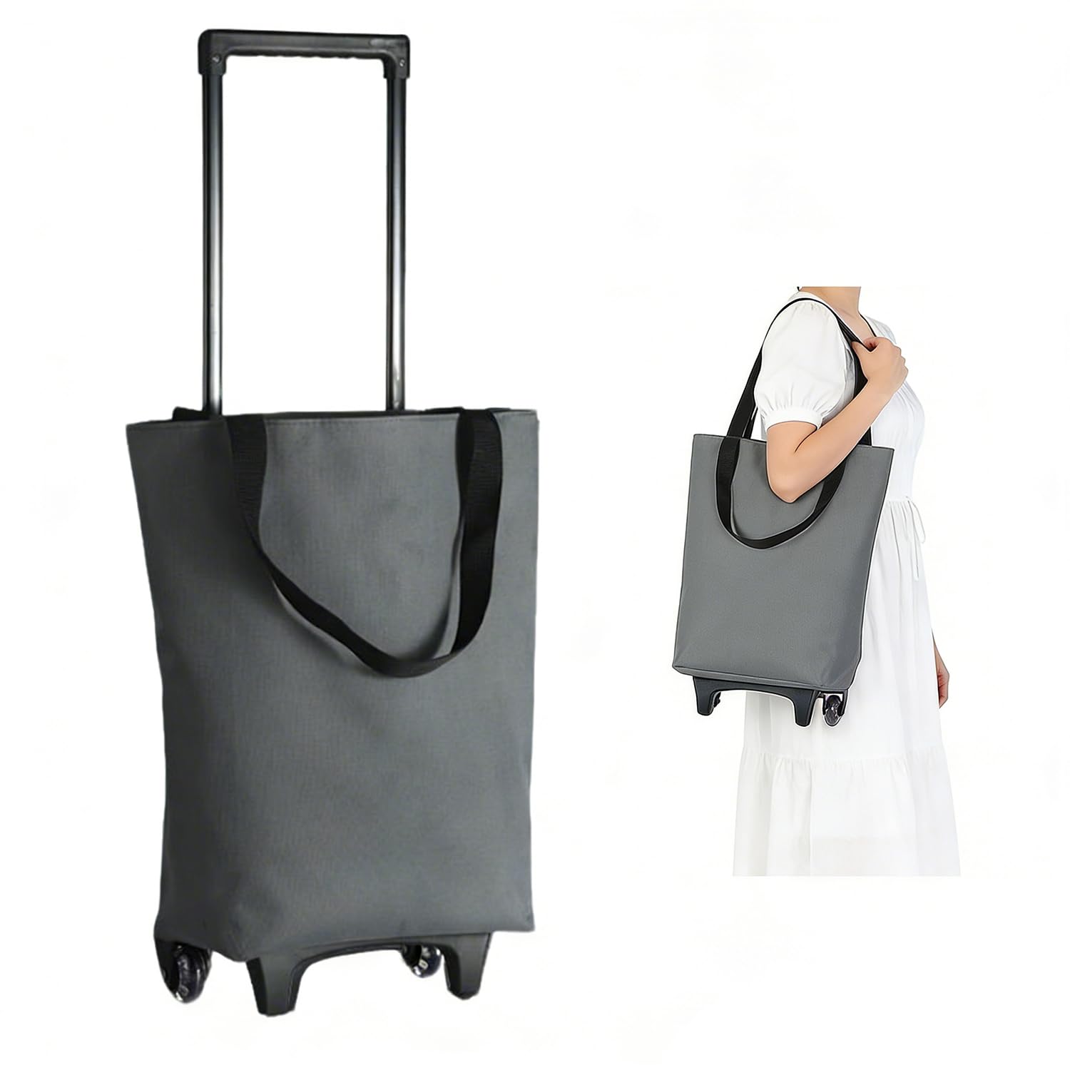 Cnwinu 2 in 1 Shopping Trolley on Wheels,17L Foldable Shopping Trolley Bag with Telescopic Handle,Reusable Waterproof Shopping Bag on Wheels for Shopping Supermarket Camping Traveling (Gray)