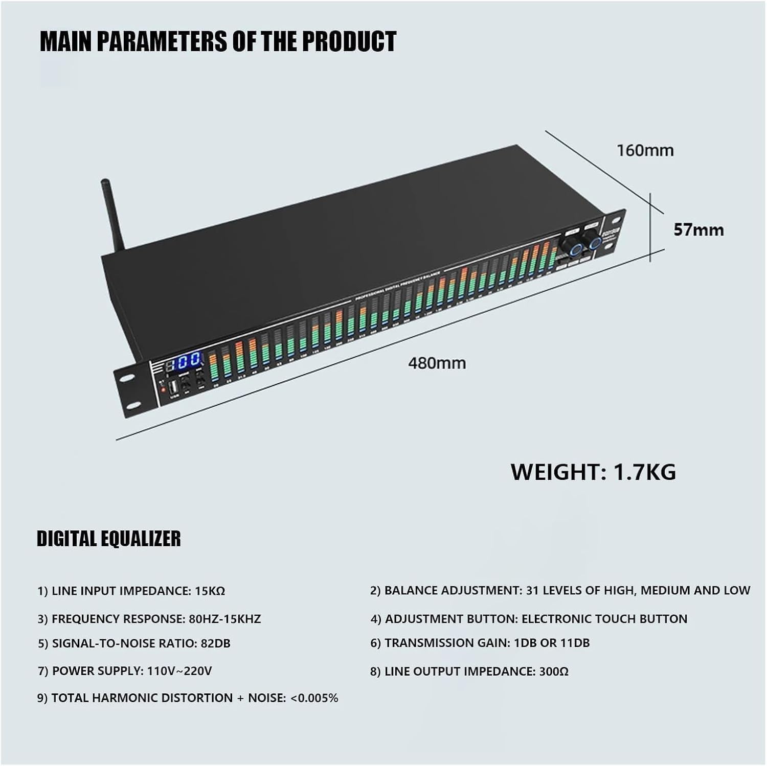 31-Band Digital Equalizer, LED-Audiospektrumanalysator, Stereo-Grafik-Equalizer, Low/Mid/Treble Readable, 10 Presets Parameter Für Home Karaoke, Aufnahmestudio