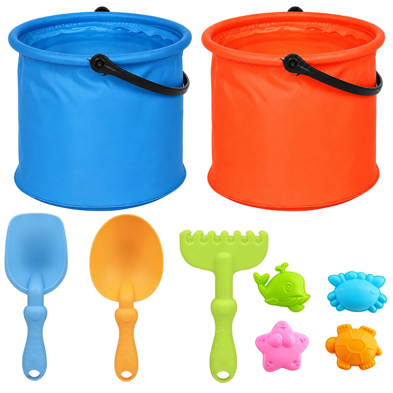 9Pcs Bucket and Spade Beach Set, Sand Play Collection for Outdoor Activities, Foldable Buckets and Assorted Tools with Colourful Moulds, Durable Construction for Sandcastle Building and Beach Games