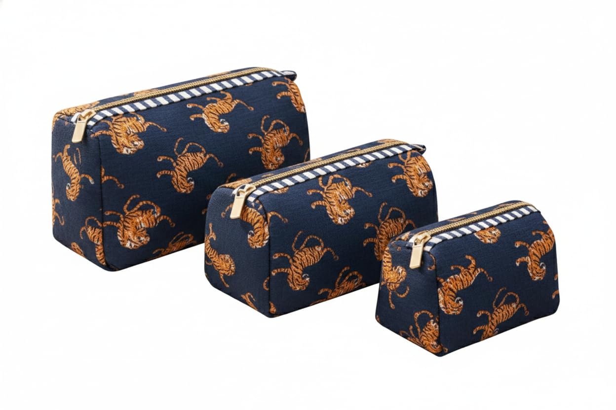 Premium 3-Piece Quilted Cotton Makeup Bag Set – Multipurpose Travel Organizers, Cosmetic Pouches with Zipper Closure for Women, Travel Essentials Kit for Toiletries & Accessories (Navy Blue)-image-15