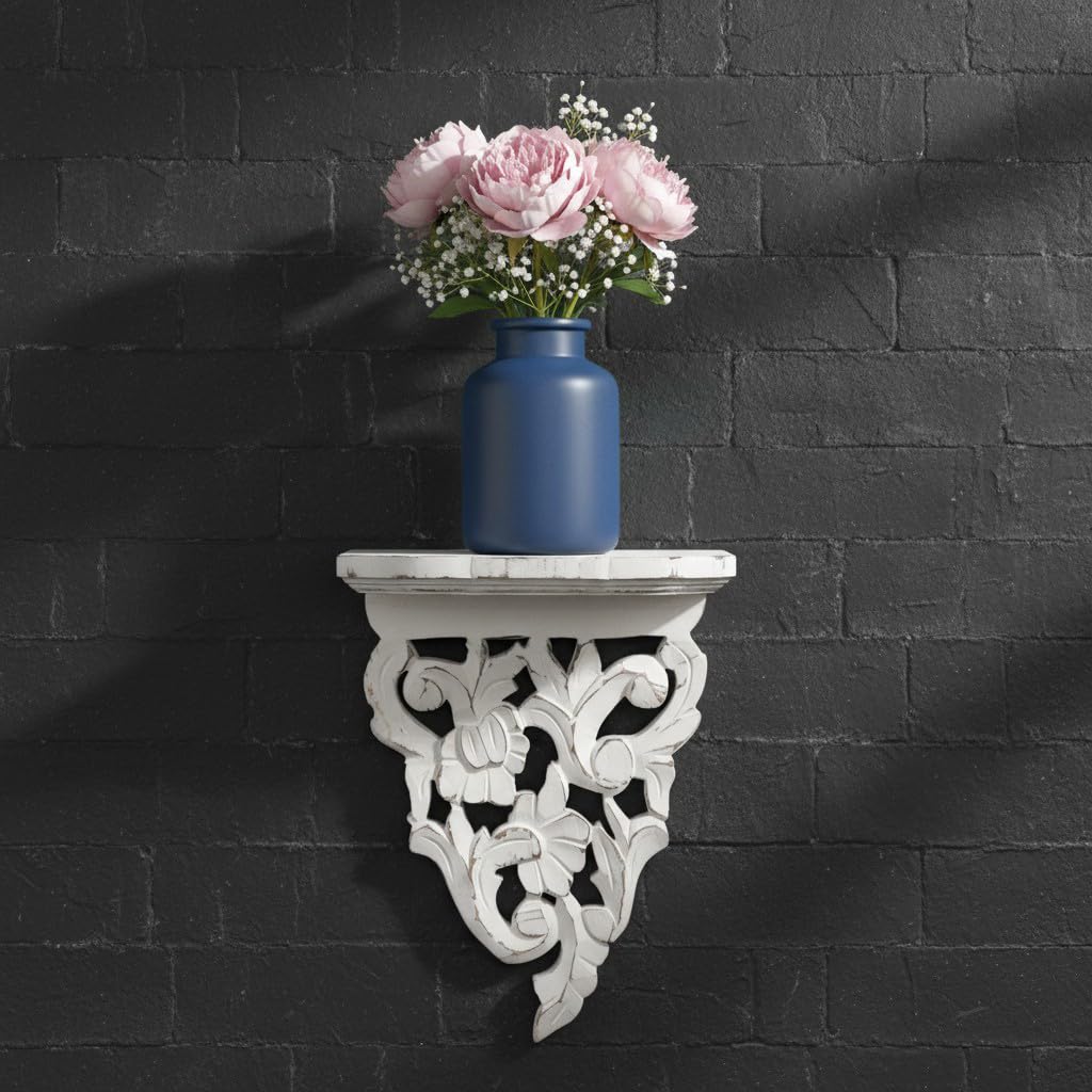 THE URBAN STORE Decorative & Hand Crafted Wooden Wall Décor/Wall Shelf/Wall Bracket in Distressed White Finish 33 x 25 x 12 cm-picture-13
