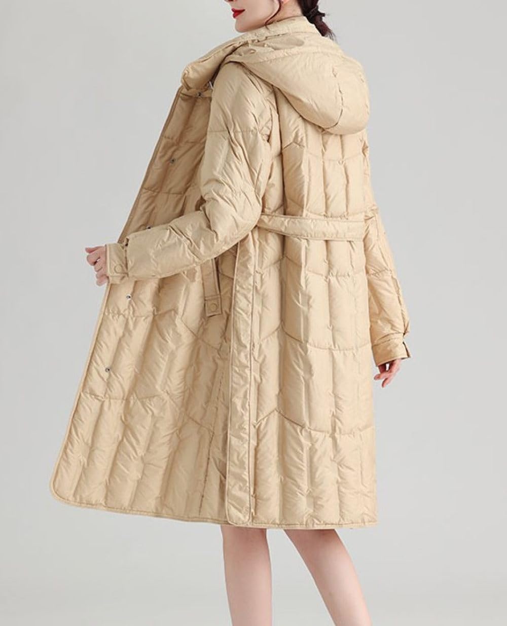 BrOleo Abrigo De Plumas con Capucha para Mujer Chaqueta Larga De Invierno,Chaqueta De Plumas Ligera con Cinturón Abrigo con Capucha Ropa De Abrigo Repelente Al Viento Regalos para Caminar Al Aire Li