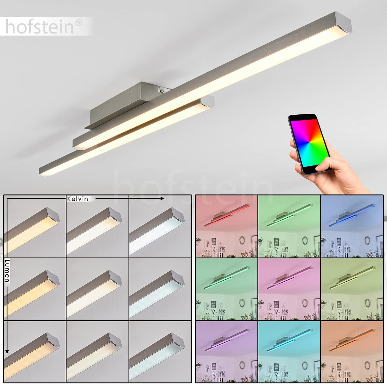 The Hofstein Tamizat LED ceiling light installed in a modern living space, showcasing its sleek design and bright illumination.