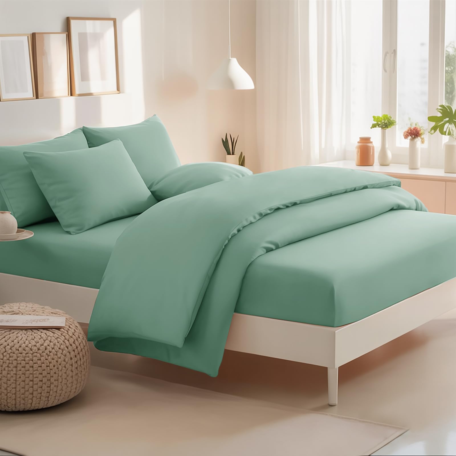 RUIKASI Bedding Double Bed Sets - 4 Piece Bedding Set Double Bed, Deep Pocket Fitted Sheet and Duvet Cover with Pillow cases, Soft Microfiber Duvet Set with Zipper, Sage Green โ image 1