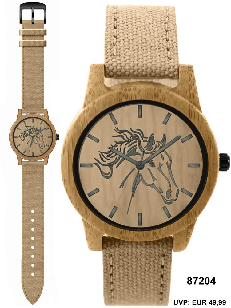 Pacific Time Damen Armbanduhr Pferd Holz Canvas Uhrenarmband Textil beige analog Quarz 87204