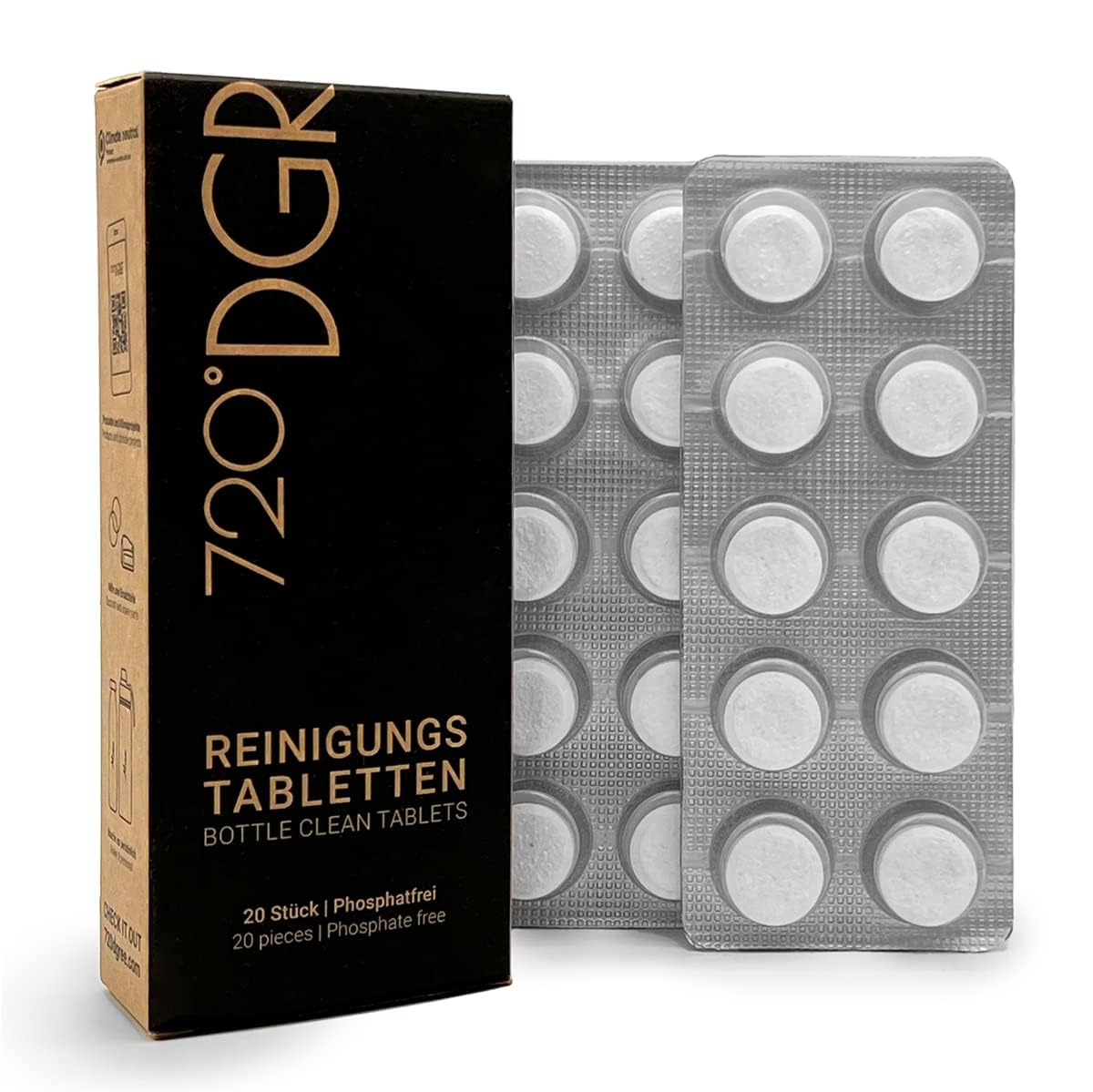 720°DGREE Reinigungstabletten für Trinkflaschen - 20 Tabs - Einfach Hygienische Anwendung - Entfernt Gerüche, Ablagerungen & reinigt all Deine Flaschen - Ideal für Kunststoff, Glas, Edelstahl, Alu