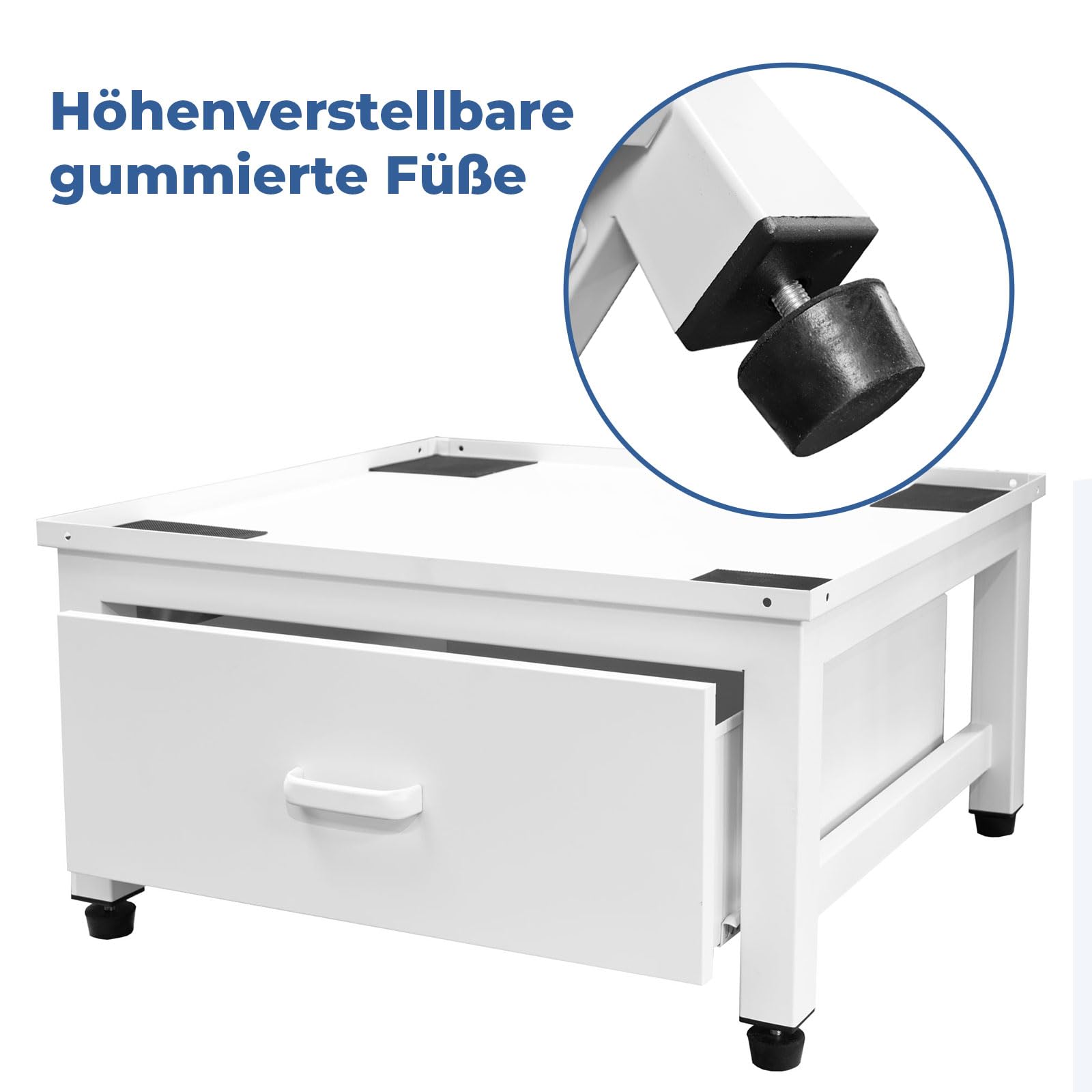 osoltus Waschmaschinen Untergestell lackierter Metall Sockel | Erhöhung für Waschmaschine oder Trockner mit höhenverstellbaren Schwingungsdämpfer Soft Stand 150kg Tragkraft | hochwertige Schublade
