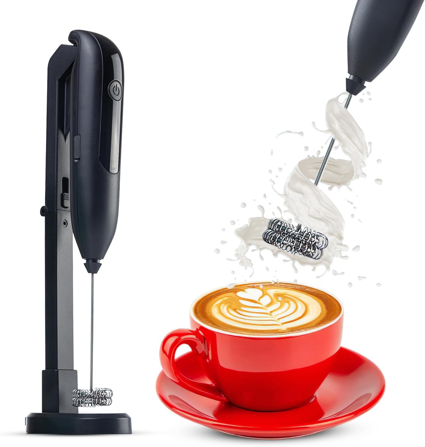 Electric Milk Frother Handheld, 3 Speed Hand Whisk Milk Frother Coffee Frother Hand Held Rechargeable with Stand, Stainless Steel Whisk Creamer for Latte Cappuccino Matcha,