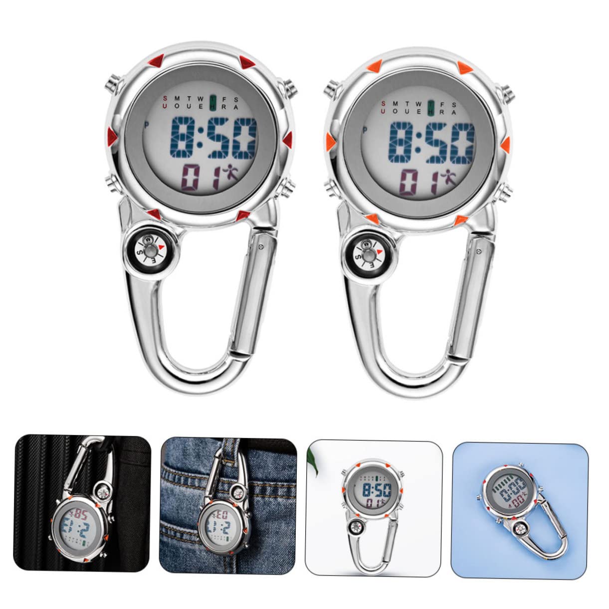 Gatuida 4stücke Multifunktionale Taschenuhr Mit Karabinerhaken Wetterfeste Metalluhr Mit Kompass Für Outdoor-aktivitäten Leuchtende Pocket Watch