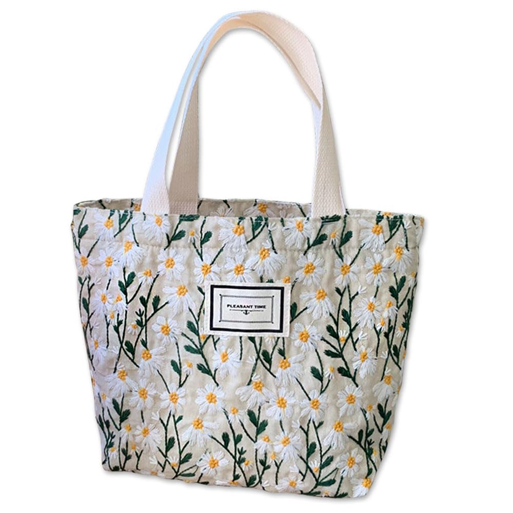 YGCHEN Gänseblümchen Stickerei Handtasche, Wildblumenmuster Tasche, Ideal als Bento-Tasche, Einkaufstasche oder Strandtasche, Vielseitiges Accessoire für den Sommer